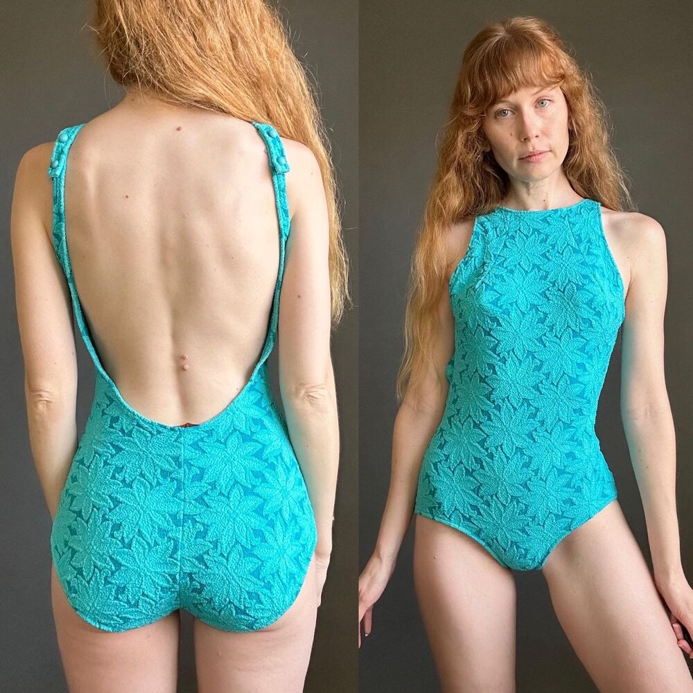Vintage 1960s Mod Flower Pattern Knit Scoop Back One Piece Swimsuit, small
